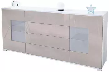 Vladon Gr&ouml;mitz V2 Sideboard 2 T&uuml;ren, 4 Schubladen, Wei&szlig; matt/Sandgrau Hochglanz (50000142)