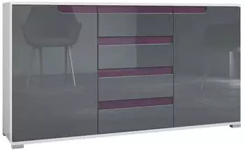 Vladon Sylt V1 Sideboard 2 T&uuml;ren 4 Schubladen, Wei&szlig; matt / Grau Hochglanz / Brombeer Hochglanz (50001747)
