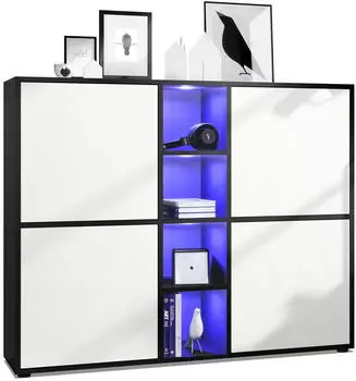 Vladon Cuba V3 Highboard 12 F&auml;cher RGB LED Schwarz/Wei&szlig; matt 130,5x105,5x35,5cm (50009219)