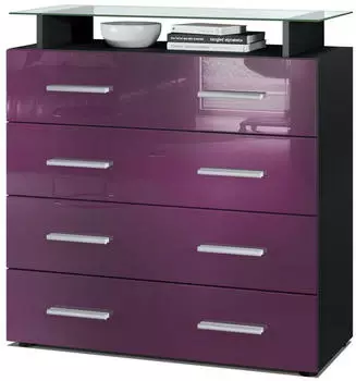 Vladon Pavos V2 Kommode 4 Schubladen Glasablage Schwarz matt/Brombeer Hochglanz (50006555)