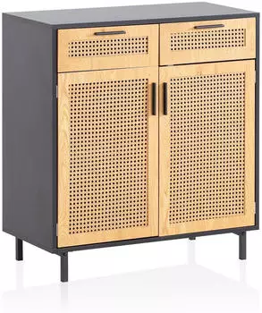 Finebuy Sideboard 80x86,5cm Schwarz mit Wiener Geflecht, 2 T&uuml;ren (FB100063)