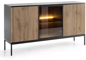 Masseno Sentiero Sideboard 3 Türen mit LED 154x39x83cm Schwarz/Eiche Wotan (SENTO KOMODA K154 LED CZARNY GRAFIT-DĄB WOTAN)