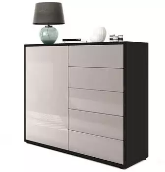 Vladon Ben V2 Kommode 1 T&uuml;r 5 Schubladen Schwarz matt/Sandgrau Hochglanz (79x74x36cm)
