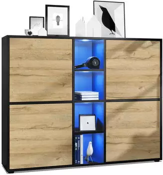 Vladon Cuba V3 Highboard 12 F&auml;cher RGB LED Schwarz matt/Eiche Natur 130,5x105,5x35,5cm (50009208)