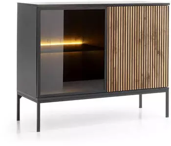 Masseno Sentiero Kommode mit LED, 2 Türen, 104x39x83cm, Schwarz/Eiche Wotan (SENTO KOMODA K104 LED CZARNY GRAFIT-DĄB WOTAN)