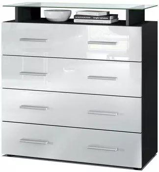 Vladon Pavos V2 Kommode 4 Schubladen Glasablage Schwarz matt/Wei&szlig; Hochglanz (50006549)