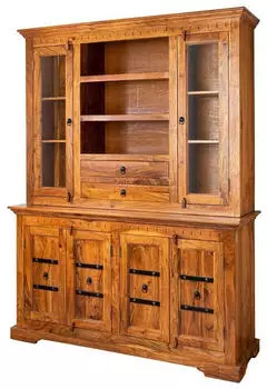 Massivmoebel24 Oxford Vitrine Akazienholz massiv 150x50x200cm honig lackiert (09-322-610-0P31)