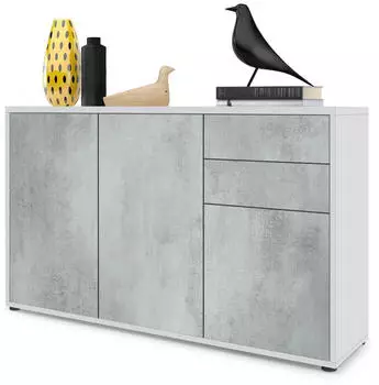 Vladon Ben V3 Kommode 3 T&uuml;ren 2 Schubladen Wei&szlig; matt/Beton Oxid-Optik 117x74x36cm (50005024)