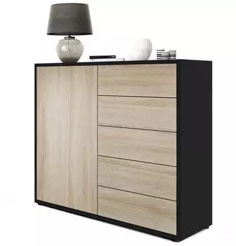 Vladon Kommode Ben V2 1 T&uuml;r 5 Schubladen Schwarz matt/Eiche S&auml;gerau (50002724)