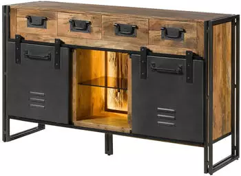 Massivmoebel24 Blackburn Lux Sideboard mit Beleuchtung Mango/Altholz 150x45x90cm natur lackiert/Metall grau (09-312-728-4010)
