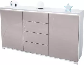 Vladon Faro V1 Sideboard 2 T&uuml;ren, 4 Schubladen, LED, Wei&szlig; matt / Sandgrau Hochglanz (50000180)