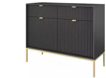 Selsey Vellore Sideboard 2-t&uuml;rig 2 Schubladen, Schwarz, geriffelte Fronten, goldene Metallbeine (104x83x39cm)