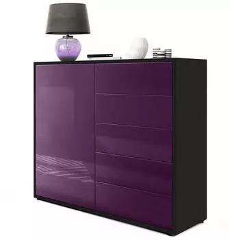 Vladon Ben V2 Kommode 1 T&uuml;r 5 Schubladen Schwarz matt/Brombeer Hochglanz (79x74x36cm)