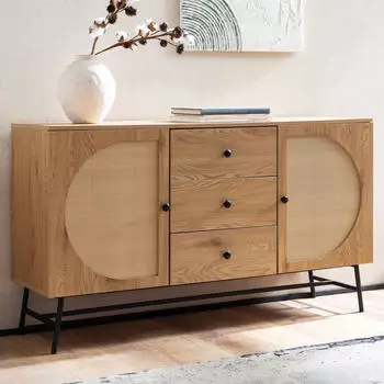Finebuy Sideboard 140cm Eiche-Dekor Rattangeflecht 2 T&uuml;ren & 3 Schubladen (FB103436)