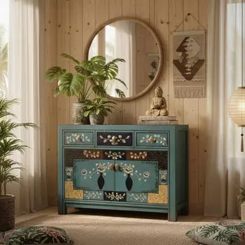 Opium Outlet Oceanflowers Kommode Sideboard Blau, Massivholz, Shabby Chic (33082-5)