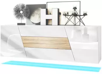 Vladon Houston Sideboard h&auml;ngend 2 T&uuml;ren 3 Schubladen Wei&szlig; matt/Hochglanz LED (50027473)