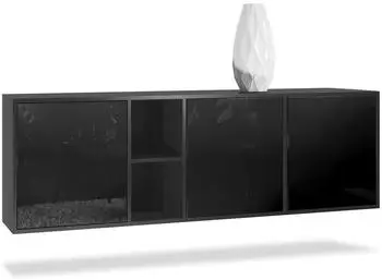Vladon Cuba Sideboard 3 T&uuml;ren, 2 offene F&auml;cher, Schwarz matt/Hochglanz, 182x53x35cm (50006213)