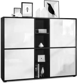 Vladon Cuba V3 Highboard 12 F&auml;cher Schwarz matt/Wei&szlig; Hochglanz (130,5x105,5x35,5cm)