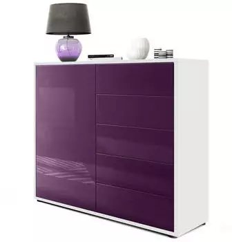 Vladon Ben V2 Kommode 1 T&uuml;r 5 Schubladen Wei&szlig; matt/Brombeer Hochglanz (79x74x36cm)