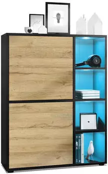 Vladon Cuba Highboard 2 T&uuml;ren, 8 F&auml;cher, RGB LED, Schwarz matt/Eiche Natur (50009310)