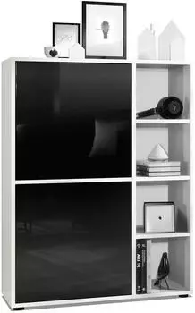 Vladon Cuba Highboard 2 T&uuml;ren, 4 offene F&auml;cher, wei&szlig; matt/schwarz hochglanz (800000608797)