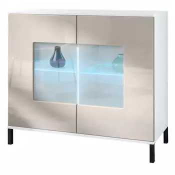 Vladon Gr&ouml;mitz V3 Kommode mit 2 Glast&uuml;ren, RGB-Beleuchtung, wei&szlig; matt/sandgrau hochglanz (92,5x83,5x35cm)
