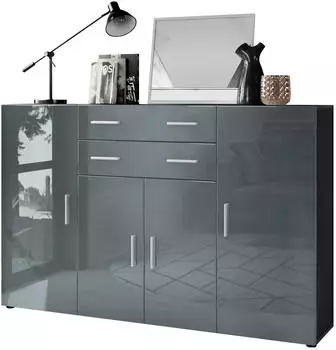 Vladon Highboard Aron 4 T&uuml;ren, 2 Schubladen, anthrazit matt/grau hochglanz (166,5x106,5x35cm)
