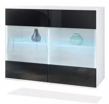 Vladon Bari V3 Kommode mit 2 Glast&uuml;ren und RGB-Beleuchtung, wei&szlig; matt/schwarz hochglanz (92,5x73,5x35cm)