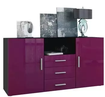 Vladon Sideboard Skadu 2 T&uuml;ren, 3 Schubladen, schwarz matt / Brombeer Hochglanz (138,5x71,5x35cm)
