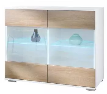 Vladon Bari V3 Kommode mit 2 Glast&uuml;ren und RGB-Beleuchtung, wei&szlig; matt / Eiche s&auml;gerau (92,5x75,5x35cm)