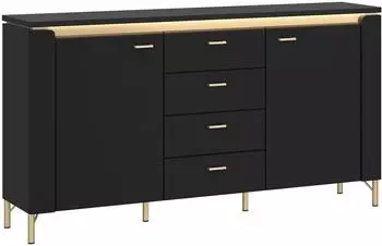 Meble W&oacute;jcik Norica Sideboard schwarz matt / goldfarben, 2 T&uuml;ren, 4 Schubladen, 155x87x40cm