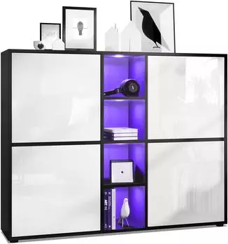 Vladon Cuba V3 Highboard mit RGB LED, 12 F&auml;cher, schwarz matt/wei&szlig; hochglanz (800000573733)