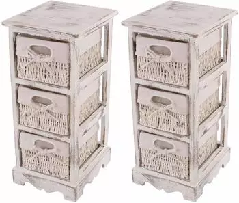 Mendler Regal-Kommode mit 3 Korbschubladen, Shabby-Look, vintage wei&szlig;, 2er-Set (30436)