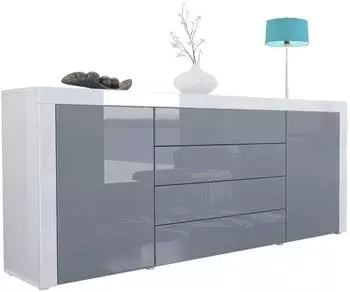 Vladon Sideboard La Paz V1 mit 2 T&uuml;ren und 4 Schubladen, grau/wei&szlig; hochglanz, 167x72x35cm