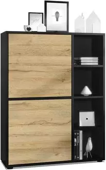 Vladon Highboard Cuba mit 2 T&uuml;ren und 4 offenen F&auml;chern, schwarz matt/Eiche Natur (79x105,5x35,5cm)