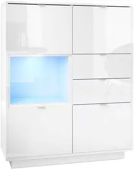 Vladon Metro Highboard wei&szlig; Hochglanz, 4 T&uuml;ren, 2 Schubladen, LED-Beleuchtung (103x123x37,5cm)
