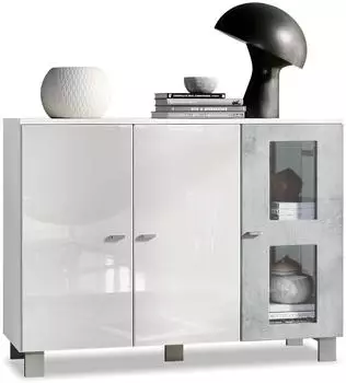 Vladon Denjo Sideboard 3 T&uuml;ren, wei&szlig; matt/wei&szlig; Hochglanz/Beton Oxid Optik (50005338)