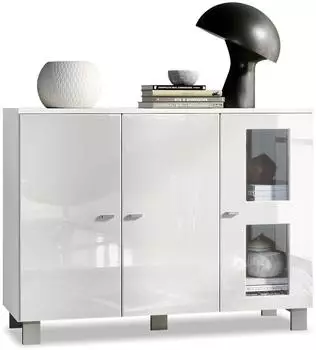 Vladon Denjo Sideboard 3 T&uuml;ren, wei&szlig; matt/wei&szlig; hochglanz, 107x81x35cm