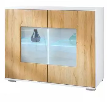 Vladon Gr&ouml;mitz V3 Kommode mit 2 Glast&uuml;ren und RGB-Beleuchtung, wei&szlig; matt / Eiche Natur (92,5x75,5x35cm)