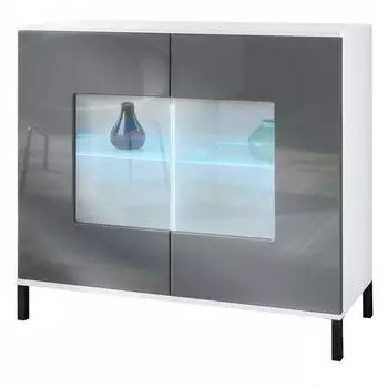Vladon Gr&ouml;mitz V3 Kommode mit 2 Glast&uuml;ren, RGB-Beleuchtung, wei&szlig; matt/grau hochglanz (92,5x83,5x35cm)
