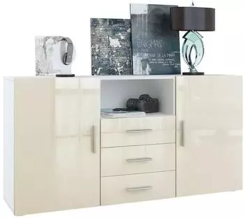 Vladon Skadu Sideboard 2 T&uuml;ren, 3 Schubladen, wei&szlig; matt/creme hochglanz, 138,5x71,5x35cm