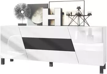 Vladon Houston Sideboard mit 2 T&uuml;ren und 3 Schubladen, wei&szlig; matt/wei&szlig; hochglanz/schwarz matt