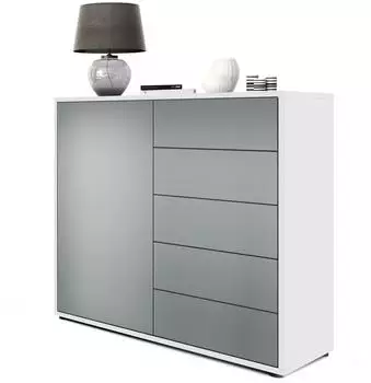 Vladon Ben V2 Kommode 1 T&uuml;r, 5 Schubladen, wei&szlig; matt/graphit seidenmatt (79x74x36cm)