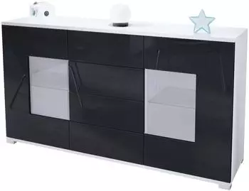 Vladon Gr&ouml;mitz V1 Sideboard 2 T&uuml;ren, 4 Schubladen, 138,5x75,5x35cm, schwarz hochglanz