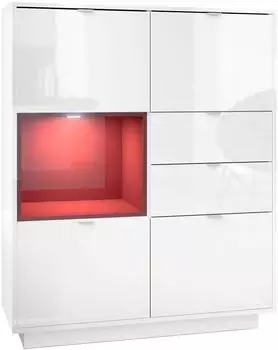 Vladon Metro Highboard 4 T&uuml;ren, 2 Schubladen, wei&szlig; hochglanz mit bordeaux Einsatz (103x123x37,5cm)