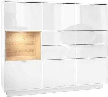 Vladon Metro V2 Highboard wei&szlig; hochglanz, Einsatz Eiche Natur, mit LED (Metro V2)