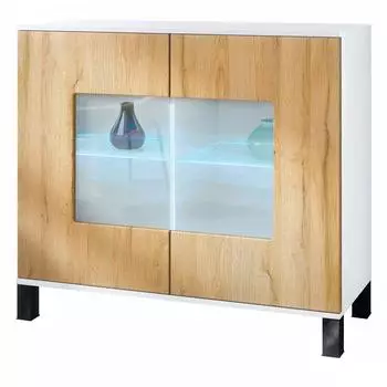 Vladon Gr&ouml;mitz V3 Kommode mit 2 Glast&uuml;ren und RGB-Beleuchtung, wei&szlig; matt/Eiche Natur (92,5x84,5x35cm)