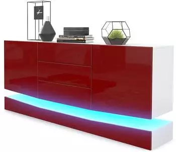 Vladon City Sideboard 2 T&uuml;ren, 3 Schubladen, LED, wei&szlig; matt/bordeaux hochglanz (178x72x38cm)