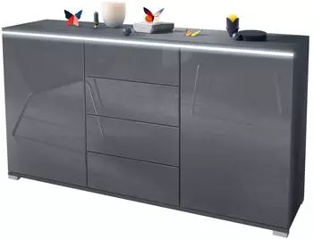 Vladon Faro V1 Sideboard mit LED-Lichtleiste, 2 T&uuml;ren & 4 Schubladen, schwarz matt / hochglanz