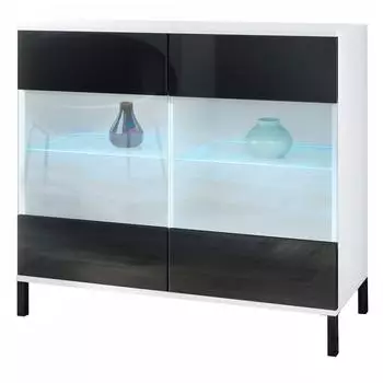 Vladon Bari V3 Kommode mit 2 Glast&uuml;ren und RGB-Beleuchtung, wei&szlig; matt/schwarz hochglanz (92,5x83,5x35cm)
